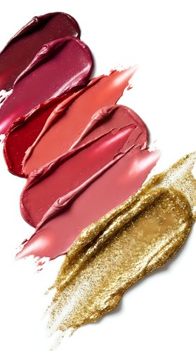 Colorful lipstick and golden eyeshadow smears isolated on white background for cosmetic beauty and makeup design projects.