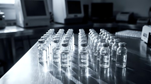 Empty glass vials arranged in rows on laboratory table in pharmaceutical research facility for medical testing and drug development applications.