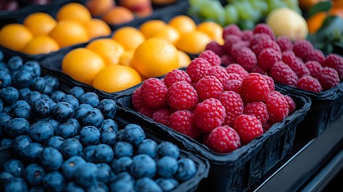 Fresh organic berries and citrus fruits in market containers, vibrant display of blueberries, raspberries and oranges arranged in plastic punnets, healthy food concept.