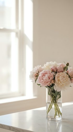 Pink and white peonies in a glass vase on a marble table by a sunlit window, soft natural light, elegant minimalist home decor.