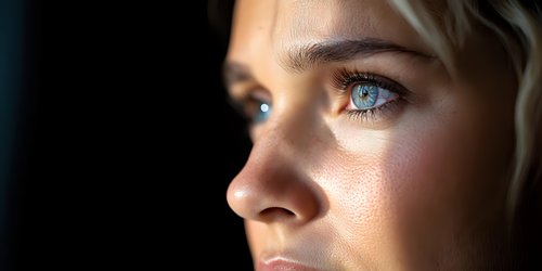Close up profile portrait of young Caucasian woman with bright blue eyes and natural makeup looking away against dark background, dramatic side lighting.