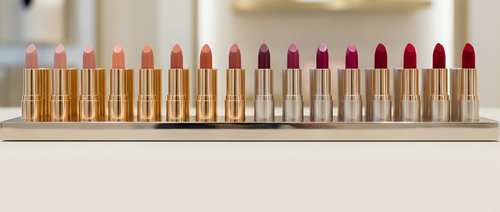 Row of luxury lipsticks in golden tubes displaying gradient color palette from nude to deep red shades on marble surface for cosmetic branding.