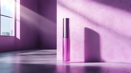 Pink lip gloss container on pink surface with dramatic window light and shadows creating minimal cosmetic product composition for beauty marketing.