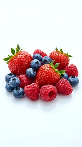Fresh mixed berries strawberries blueberries raspberries isolated on white background for healthy eating and nutrition concepts.