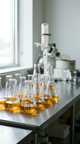 Laboratory glassware with amber liquid samples on metal table near microscope for scientific research and chemical analysis experiments.