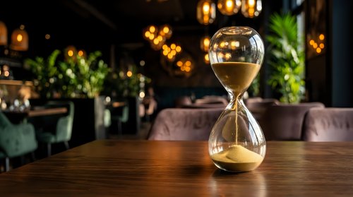 Elegant hourglass with golden sand on wooden table in upscale restaurant with warm ambient lighting and blurred background for time management concepts.
