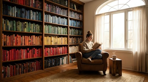 Young woman reading book in cozy home library with floor-to-ceiling bookshelves and natural window light creating peaceful study atmosphere.