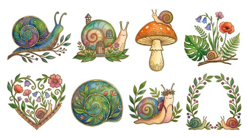 Snails with mushroom, flowers, and foliage elements in watercolor style. Isolated botanical illustrations suitable for clipart, textile design, and decorative applications.