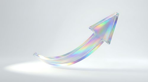 Iridescent arrow pointing upward with rainbow gradient effect on white background, isolated for business growth, success, and financial improvement concepts.