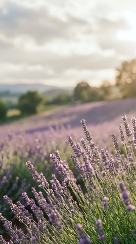 Lavender field in soft focus with purple flowers blooming in countryside landscape during golden hour sunset light creating peaceful agricultural scene.