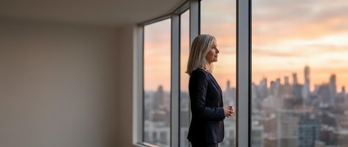 Woman in dark blazer standing by floor-to-ceiling window overlooking city skyline at sunset, contemplative pose, corporate office setting, professional business environment.