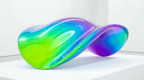 Modern abstract glass sculpture with vibrant gradient colors from green to purple and blue, contemporary art piece for interior design and decoration.