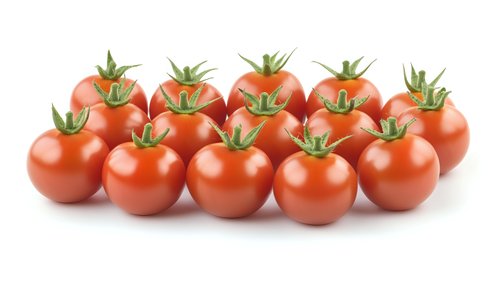 Fresh ripe cherry tomatoes with green stems arranged in rows on white background, bright red color and natural appearance for food and cooking concepts.