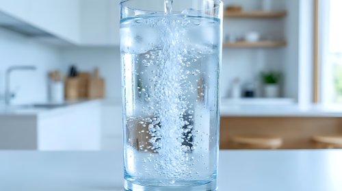 Fresh sparkling water with bubbles in clear glass on kitchen counter. Healthy hydration drink for wellness lifestyle and clean eating habits.