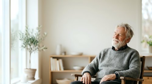 Senior man with gray hair and beard, wearing glasses and gray sweater, sitting in modern living room with natural light, wooden furniture and potted plants for lifestyle and home design.
