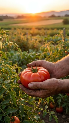 Farmer hands holding fresh ripe tomato at sunset in organic vegetable garden with golden light illuminating agricultural field and mountain landscape background.
