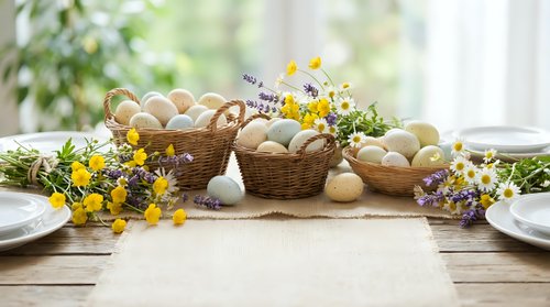 Easter table setting with wicker baskets filled with eggs, spring wildflowers, and natural decorations on wooden surface for holiday celebration.