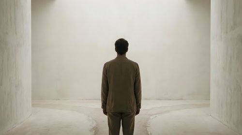 Businessman standing alone in modern minimalist corridor facing bright light, corporate solitude and decision making concept for business presentations.