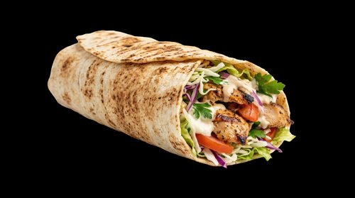 Whole wheat wrap filled with seasoned meat, fresh vegetables and greens, isolated on transparent background. Ready for menu design, food packaging, restaurant marketing, print-on-demand products and digital culinary content.