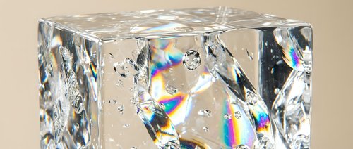 Luxury crystal glass cube with rainbow light reflections and prismatic effects on neutral background for elegant decor and optical design concepts.