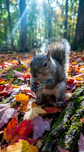 Cute gray squirrel sitting on fallen autumn leaves in sunlit forest holding acorn in paws during fall season for wildlife and nature photography.