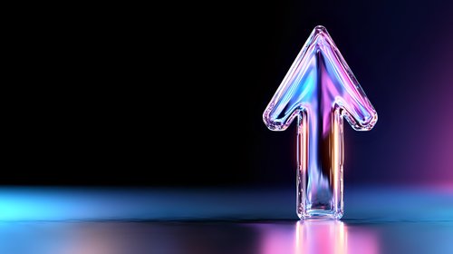 Glowing transparent crystal arrow pointing upward on dark background with blue and purple neon lighting effects, symbolizing growth and success in business concepts.