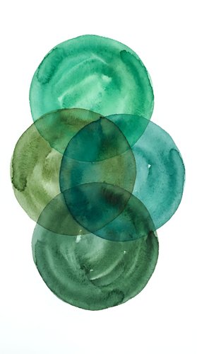 Abstract watercolor circles in emerald and teal green tones overlapping on white background creating organic artistic composition for modern decor.