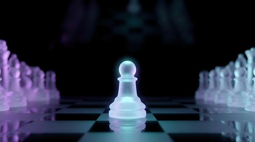 Glowing chess pawn piece stands prominently on checkered board with blurred chess pieces in background, strategic game concept for business and leadership.