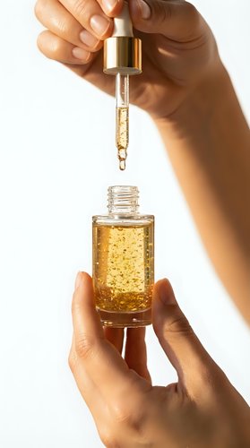 Woman hands holding luxury golden face serum with dropper bottle for skincare routine and anti-aging treatment on white background.