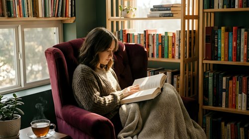 Young woman reading book in cozy home library with bookshelves, sitting in comfortable armchair by window. Relaxing indoor lifestyle scene.