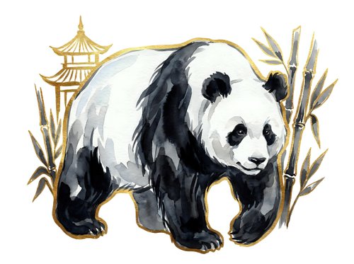 Giant panda walking among bamboo stalks with golden Asian pagoda in background. Isolated on white, ready for design, print, and educational materials.