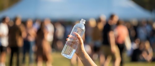 Hand holding plastic water bottle at outdoor summer festival with blurred crowd and tent in background. Hydration concept for hot weather events.