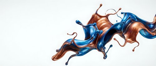 Abstract flowing liquid splash in blue and copper metallic colors creating dynamic wave motion on white background for modern design projects.