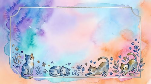 Watercolor frame border with cute cats and floral elements in pastel rainbow colors for greeting cards, invitations and decorative design projects.