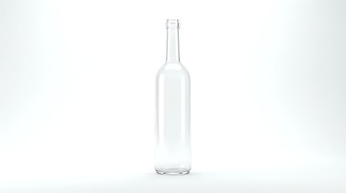Empty clear glass bottle isolated on white background for product mockup and packaging design projects.