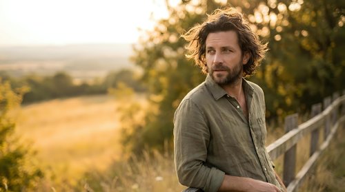 Handsome middle-aged Caucasian man with wavy hair and beard smiling outdoors during golden hour sunset in rural countryside landscape.