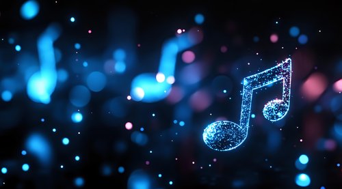 Glowing blue musical note symbol floating in dark space with bokeh lights and sparkles, creating magical atmosphere for music and entertainment concepts.