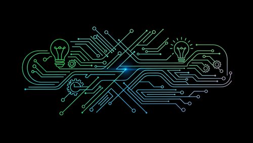 Digital circuit board pattern with glowing green and blue lines, lightbulb icons and electronic pathways on black background for technology designs.