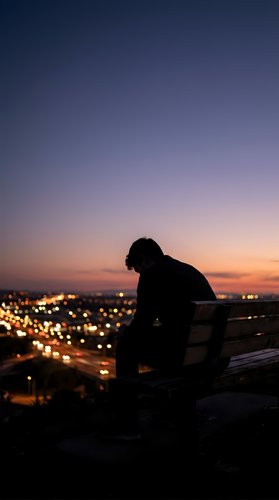 Silhouette of contemplative man sitting alone at sunset overlooking city lights, expressing solitude, reflection and urban evening atmosphere.
