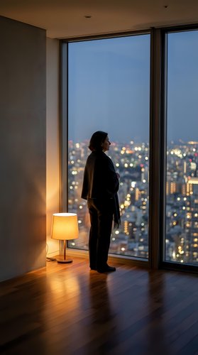 Businessman silhouette standing by floor-to-ceiling windows overlooking illuminated city skyline at dusk in modern office interior with warm lamp lighting.