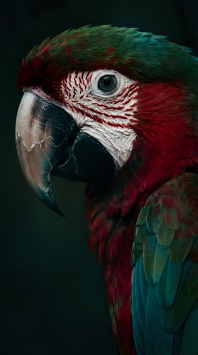 Close-up portrait of colorful macaw parrot with vibrant red and green plumage against dark background for wildlife and nature photography projects.