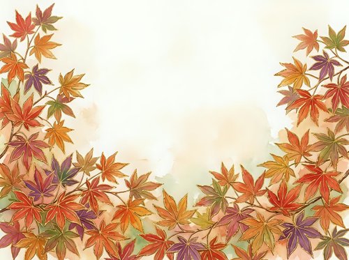 Autumn maple leaves in warm red, orange, and gold tones arranged on cream background with watercolor effect, ideal for fall seasonal designs, greeting cards, and autumn-themed projects.