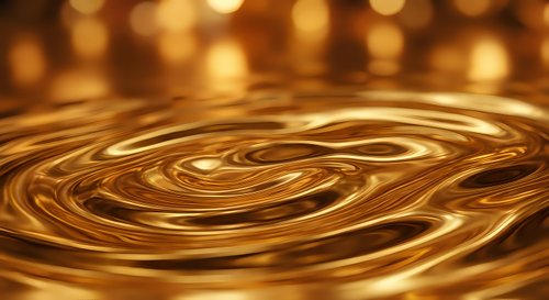 Swirling golden liquid surface with ripples and reflections, creating a luxurious metallic texture background for premium design projects.