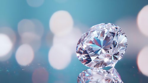 Brilliant round cut diamond with reflection on glossy surface against soft turquoise bokeh background, luxury jewelry concept for engagement and wedding designs.