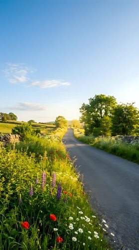 Rural country road lined with wildflowers and lush green fields under clear blue sky, perfect for travel, nature, and countryside lifestyle concepts.