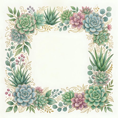 Watercolor succulent frame with green and pink plants, eucalyptus leaves on cream background. Copy space for text, invitations, wedding cards, botanical design.
