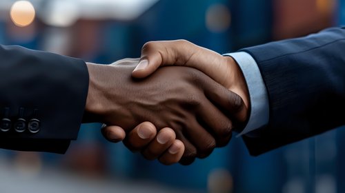 Professional business handshake between African American and Caucasian male executives in suits, symbolizing partnership and agreement, with blurred background.