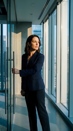 Professional businesswoman in navy suit standing by office windows overlooking city skyline during golden hour light for corporate and leadership concepts.