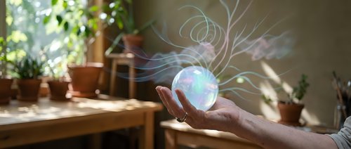 Hand holding glowing orb with swirling light trails in cozy indoor garden setting with potted plants and natural sunlight streaming through window.