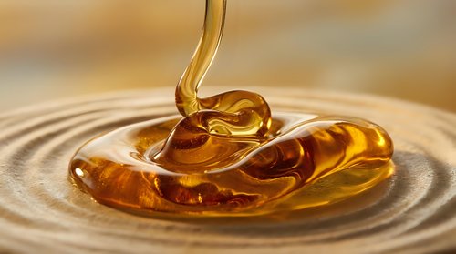 Honey dripping onto capsules arranged on rippled surface, representing natural supplement, wellness product, and organic health remedy for nutritional and medicinal use.